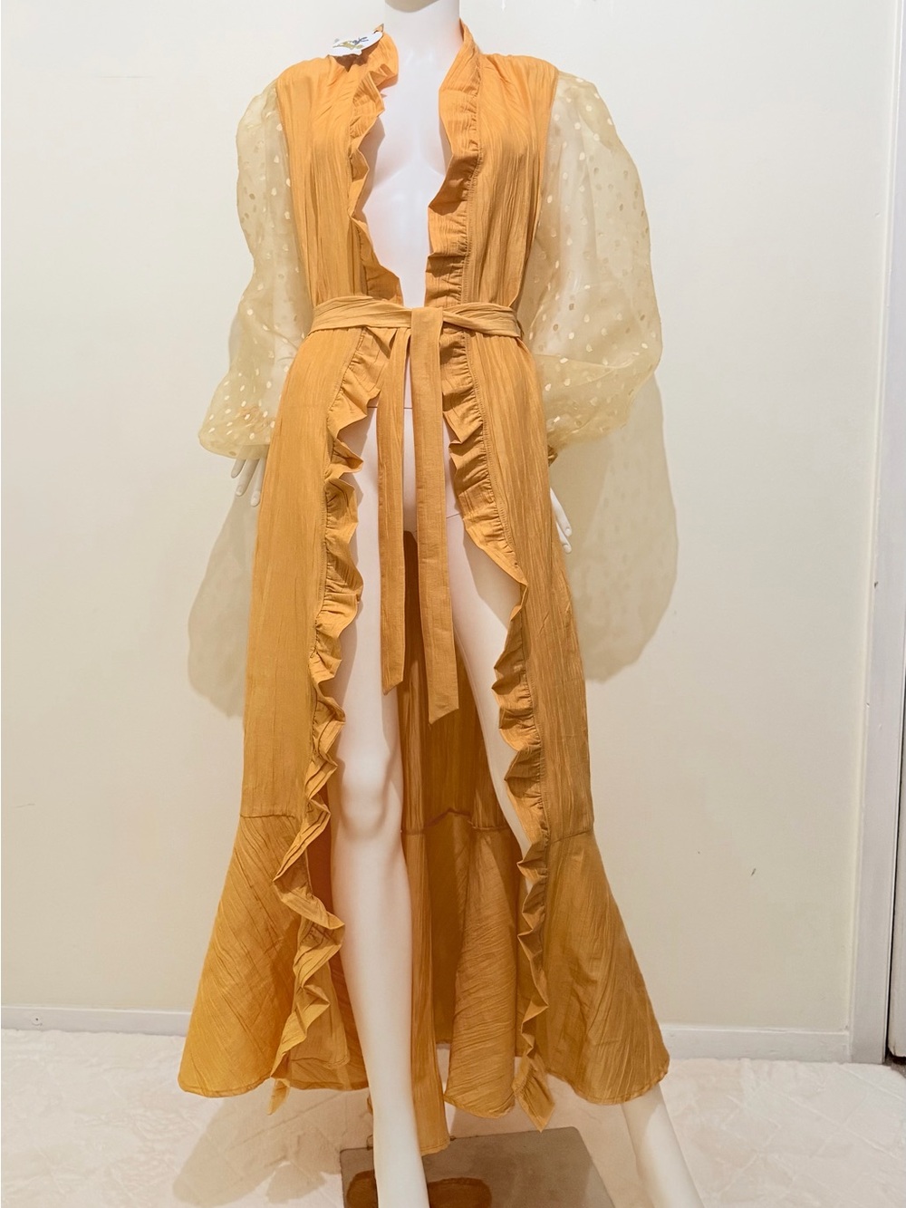 Duster dress Yellow Ruffle-Front Maxi Dress with Sheer Polka Dot Sleeves size L.